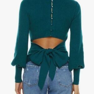 NWT Ryegrass Womens Large Teal Sweater Mock Neck Open Back Tie Button